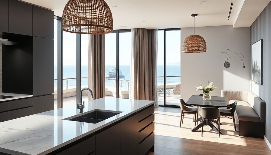 Elegant luxury small condo kitchen with ocean view and stylish decor.