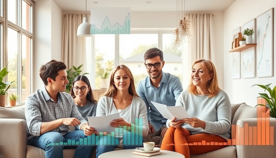 Collage of homeowners reviewing financial charts representing economic outlook.