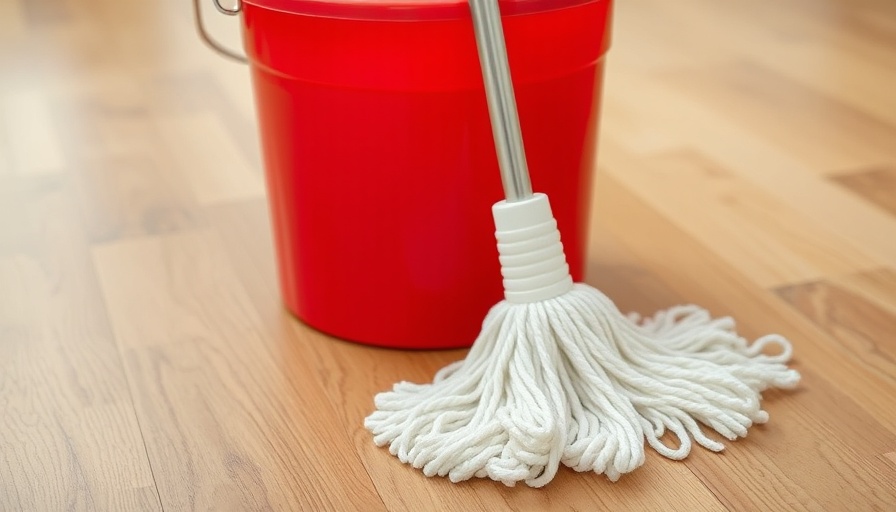 Mop and bucket on wooden floor demonstrating how to mop a floor correctly.