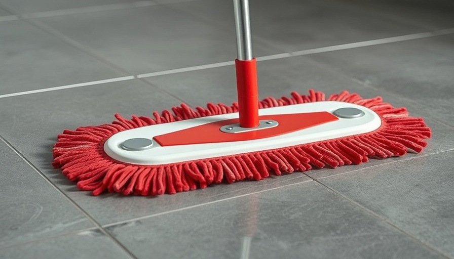 Close-up of a mop cleaning matte porcelain tiles.