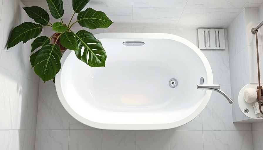 Modern white bathtub unclogging focus, natural setting, clean decor.