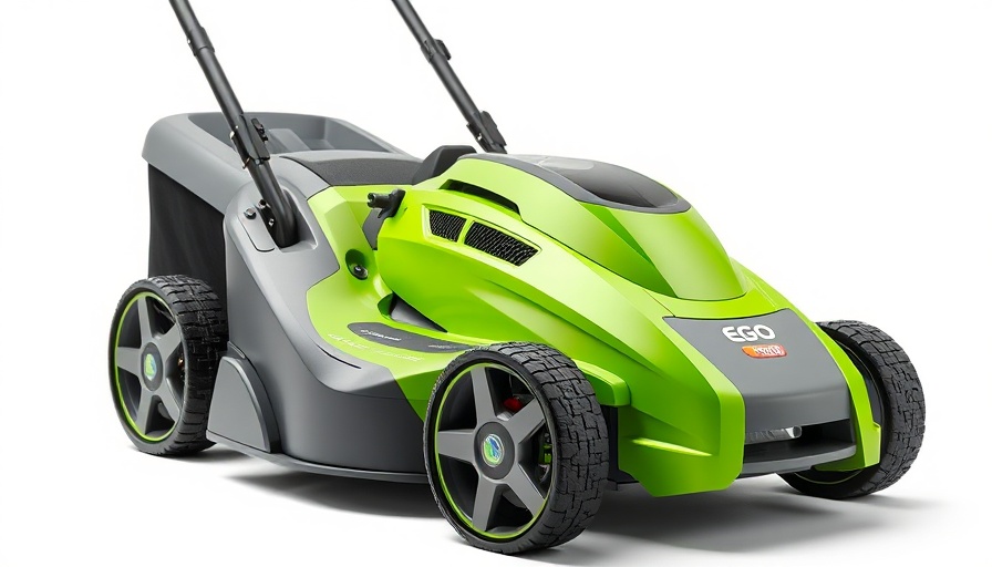 EGO outdoor power equipment savings: modern lawnmower with accessories.