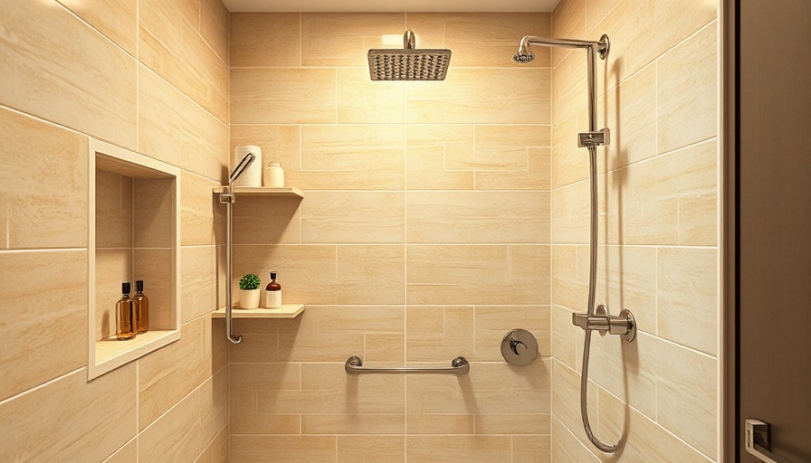 Corner shower with tiled shelf ideas in beige bathroom setting.