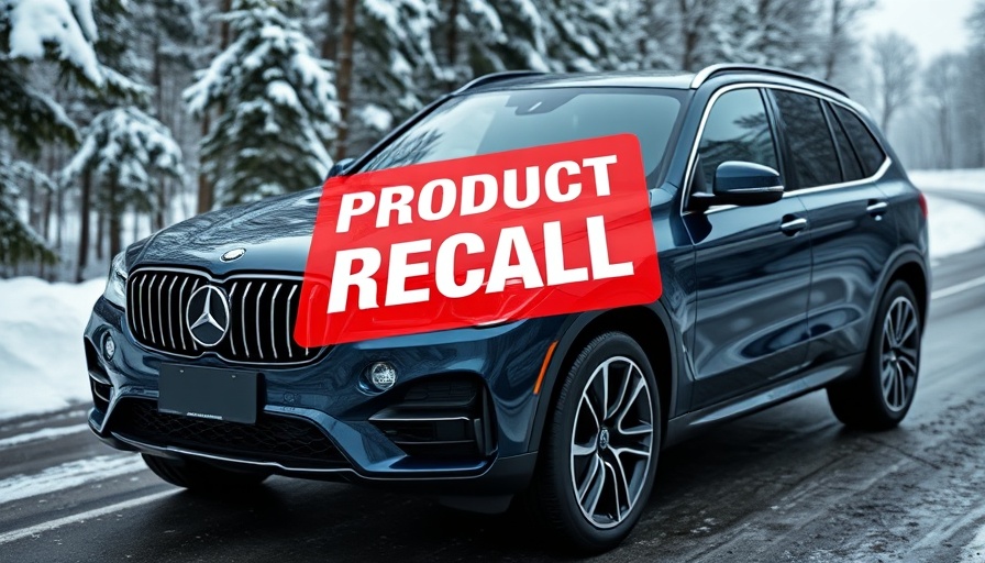 SUV with product recall warning sign on snowy road, Ford vehicle recall fire hazard.