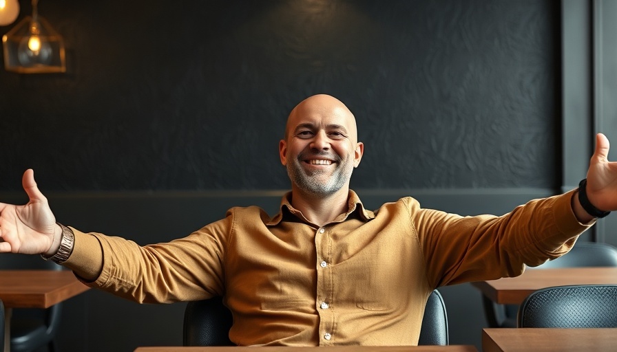 Smiling man sitting in a cafe with a relaxed pose.