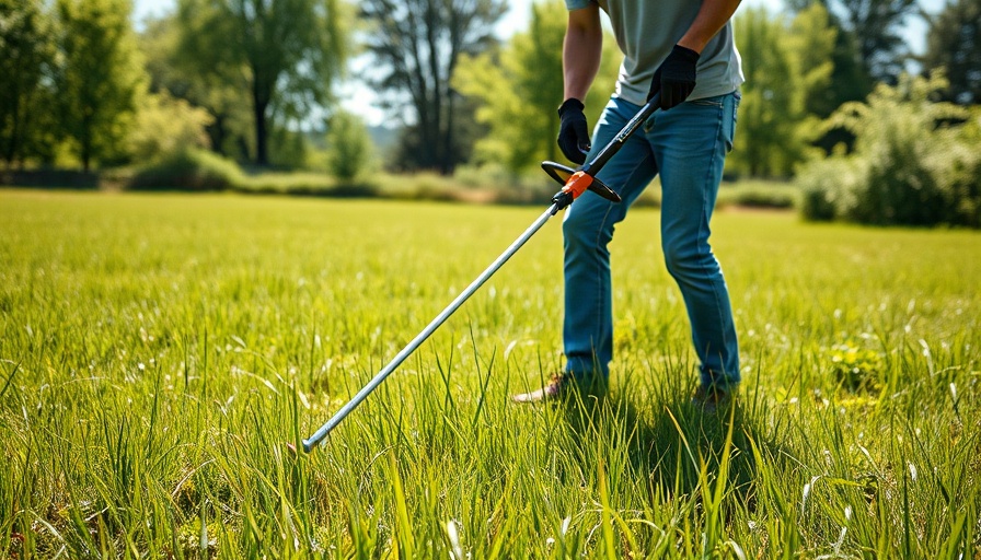 Battery-powered string trimmer in use by a person in a grassy field.