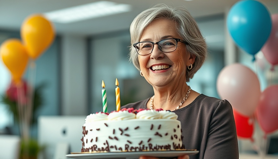 Cathy Steel retirement celebration with cake and balloons.