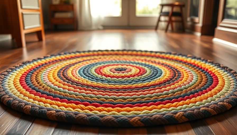 Colorful braided rug with close weave on wooden floor.