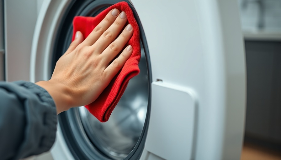 Cleaning washing machine door with red cloth in a laundry room