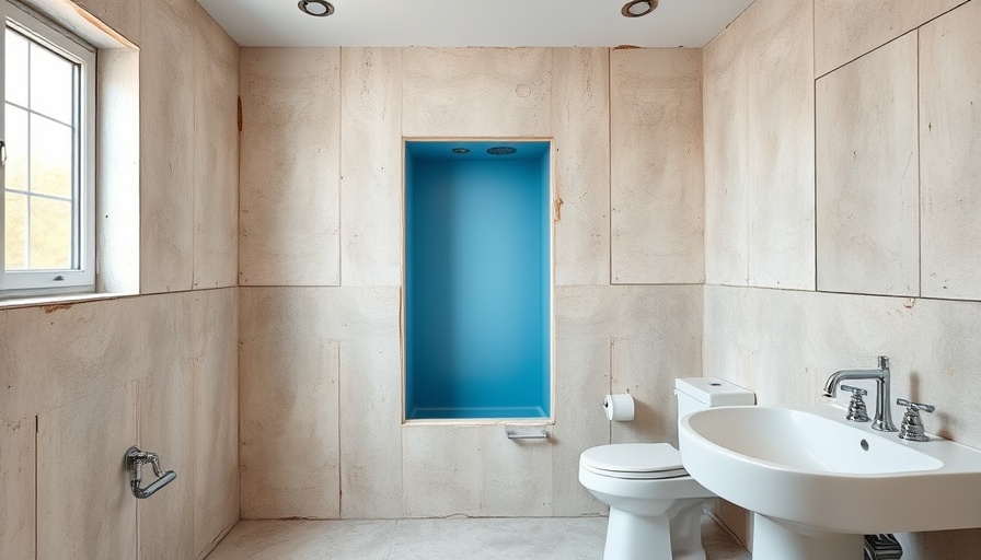 Bathroom renovation showing different types of bathroom drywall and blue niche.