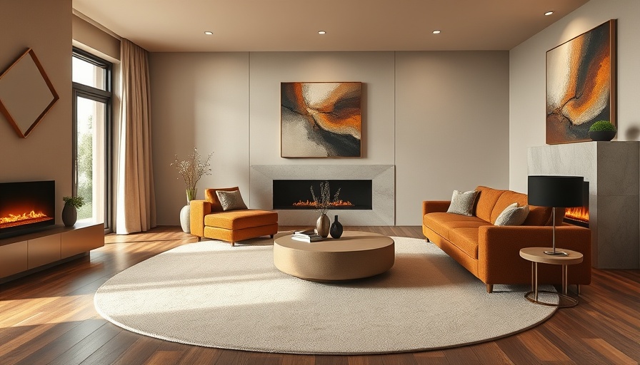 Modern living room with plush sofa, stylish rug, and chic decor.