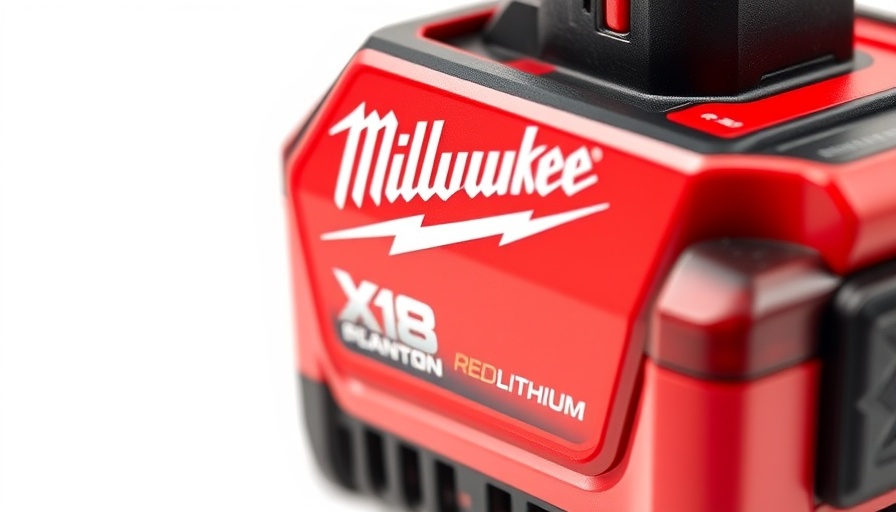 Milwaukee M18 battery close-up, FREE Milwaukee Battery with Kit Purchase.