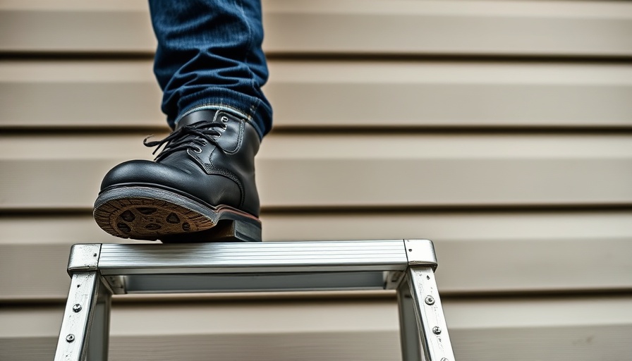 Close-up of feet on a ladder against house siding, when to stop using a ladder.