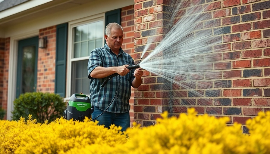 Greenworks 3000 PSI electric pressure washer in action on brick wall.