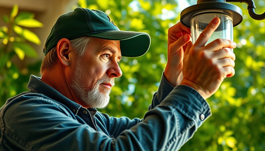 Man fixing outdoor light fixture wearing cooling gear for summer DIY projects.