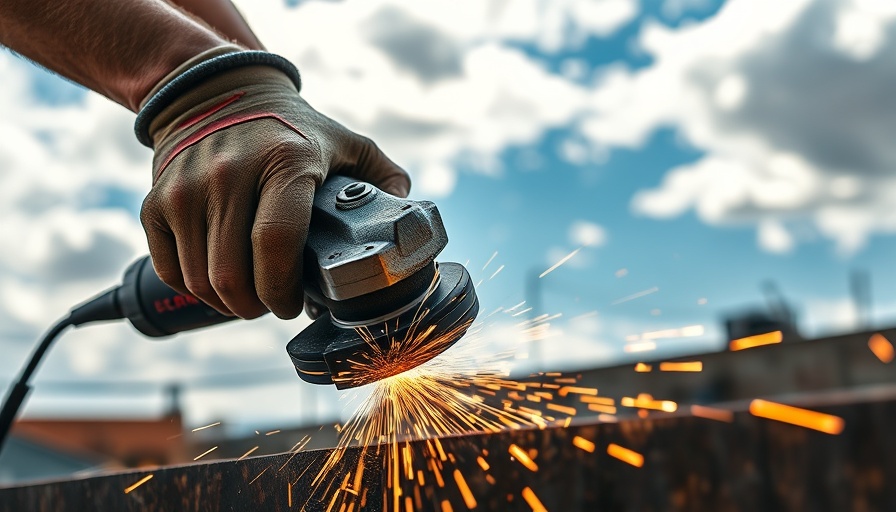 Person using angle grinder in outdoor DIY project, sparks flying