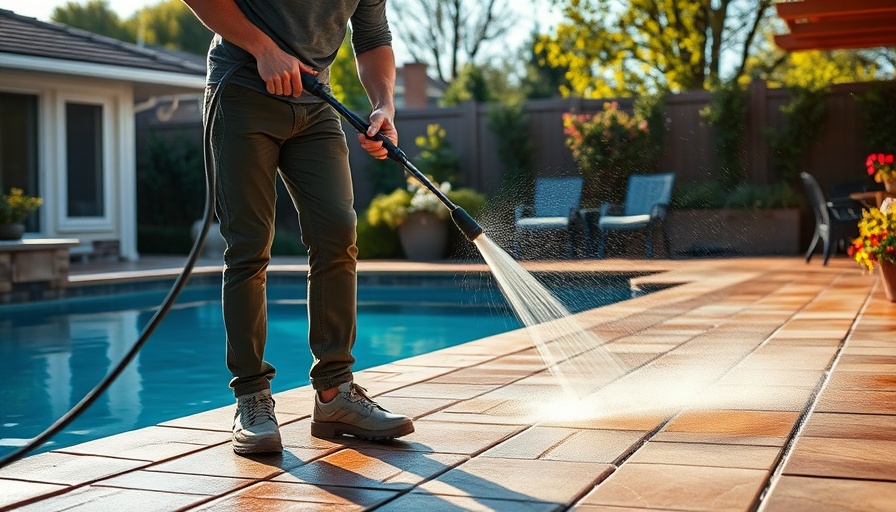 Cleaning poolside paving with a pressure washer outdoors.