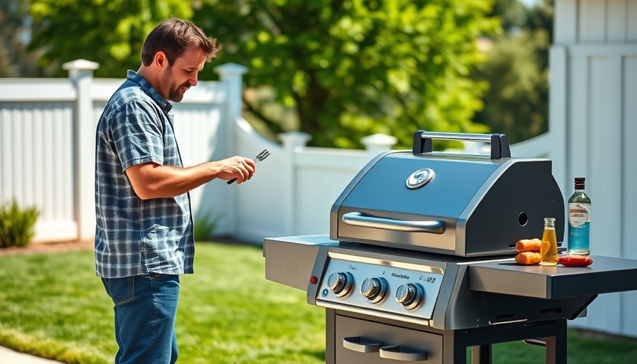 Man grilling outdoors on Monument Grills Eminence 405 Gas Grill in sunny backyard.