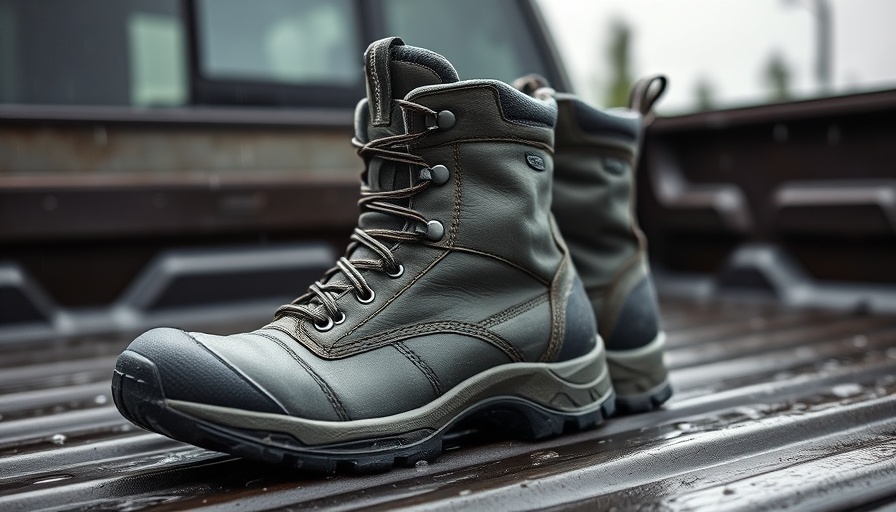 Keen Utility Skokie Work Boots on a truck bed in rainy weather.