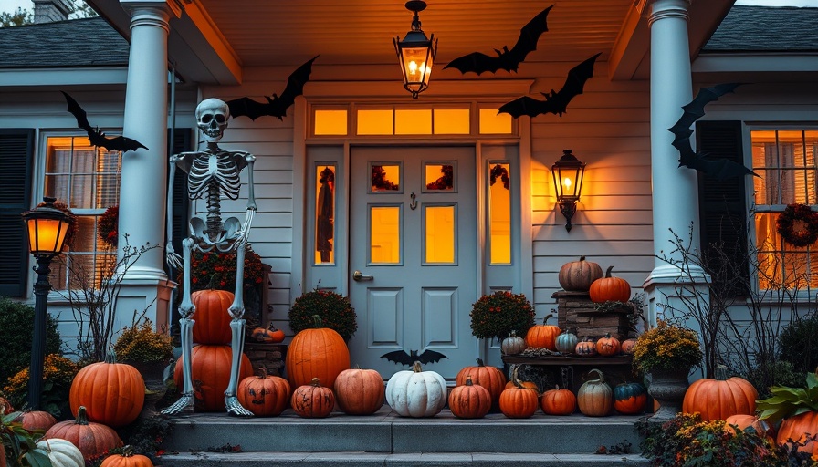 Chic Halloween decorations on a stylish front porch with pumpkins and skeleton.