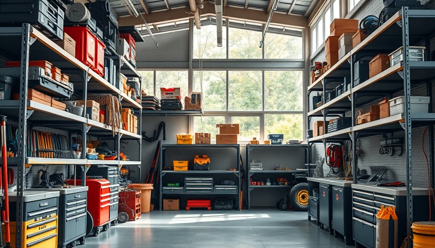 Organized heavy-duty garage shelving with tools and supplies.