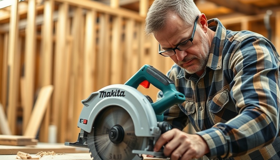 Craftsman using best new Makita tool for precise woodcutting.