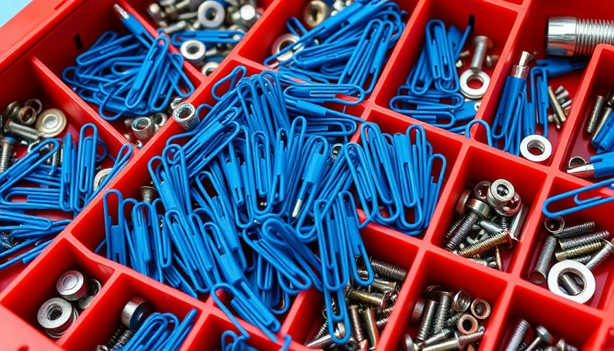 Blue paper clips organized in red toolbox for paper clip hacks.