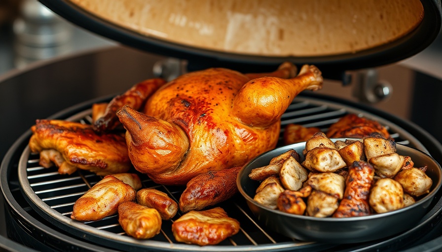 Kamado Joe Big Joe grill with chicken, ribs, and pork skillet.