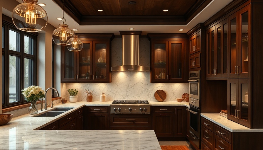 Elegant kitchen with simple home upgrades, dark cabinets, marble.