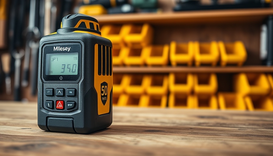 Mileseey S50 Laser Distance Measure on workbench with tool shelves.