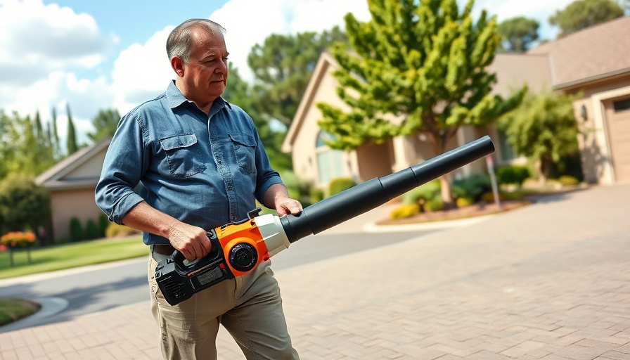 Man using Echo DPB-2610 Battery-Powered Blower on sunny day in suburb.