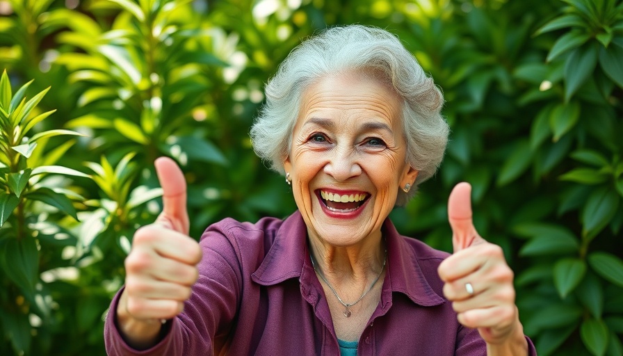 Joyful elderly woman displaying habits for happiness with a thumbs-up gesture.