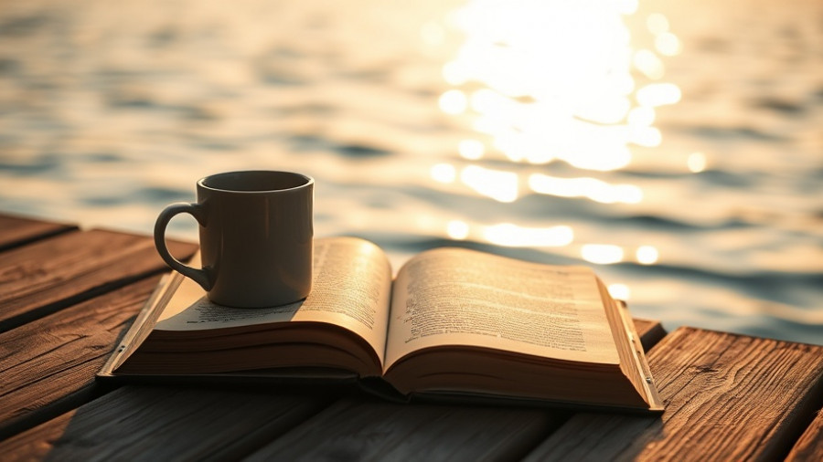 Peaceful morning ritual with book and coffee by the lakeside.