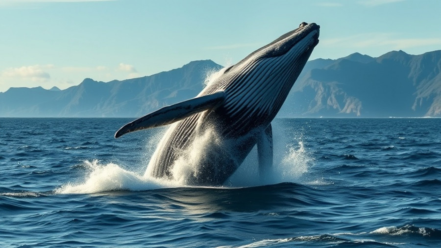 Breaching humpback whale in Australia, dramatic splash, coastal backdrop.