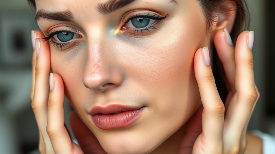 Woman examining skin texture to smooth fine lines.