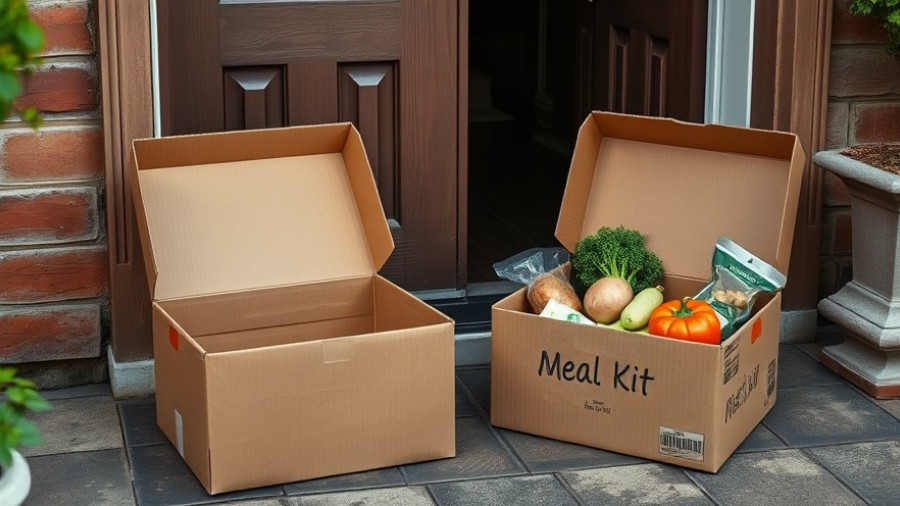 Cardboard meal kit delivery boxes displaying fresh ingredients.