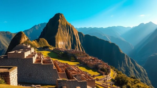 Machu Picchu, a UNESCO World Heritage Site, ancient ruins in mountains.