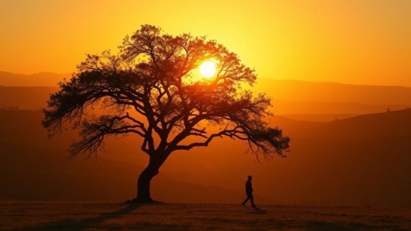 Serene sunset landscape with a tree and lone figure, glowing horizon.