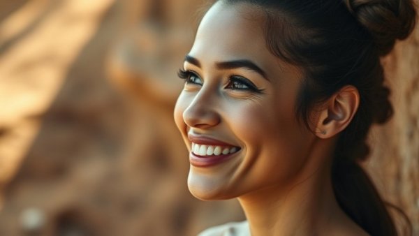 Smiling woman outdoors with plump glowing skin.