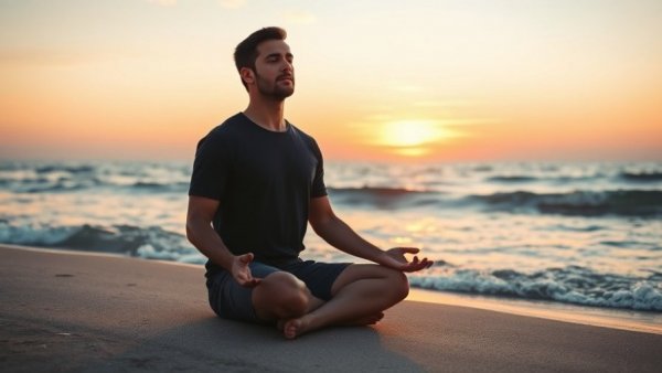 Man meditating on beach at sunset practicing Nine Breaths of Purification.