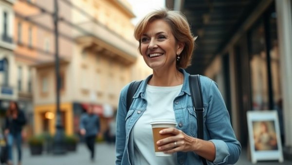 Middle-aged woman with coffee smiling on city street, ADHD and Alzheimer's risk.
