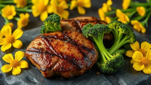Roasted broccoli steak on plate, embodies mind body spirit balance.