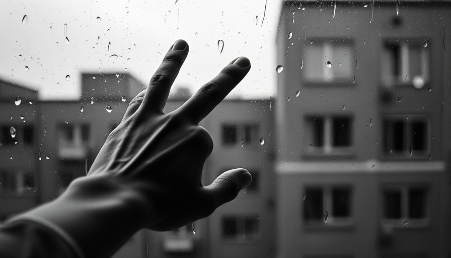 Reflective moment of letting go, hand on rainy window.