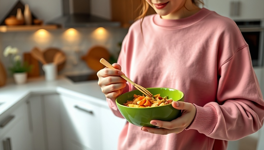 Casual person enjoying clean foods in a modern kitchen.