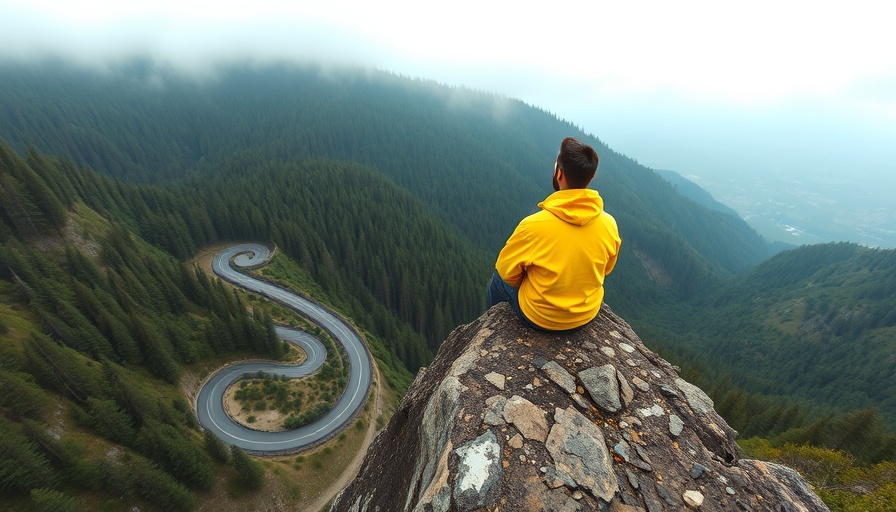 Person in yellow jacket overlooks winding road at a crossroads.