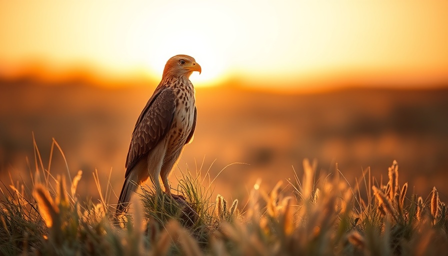 Montagu's harrier perched in golden grass at sunset.