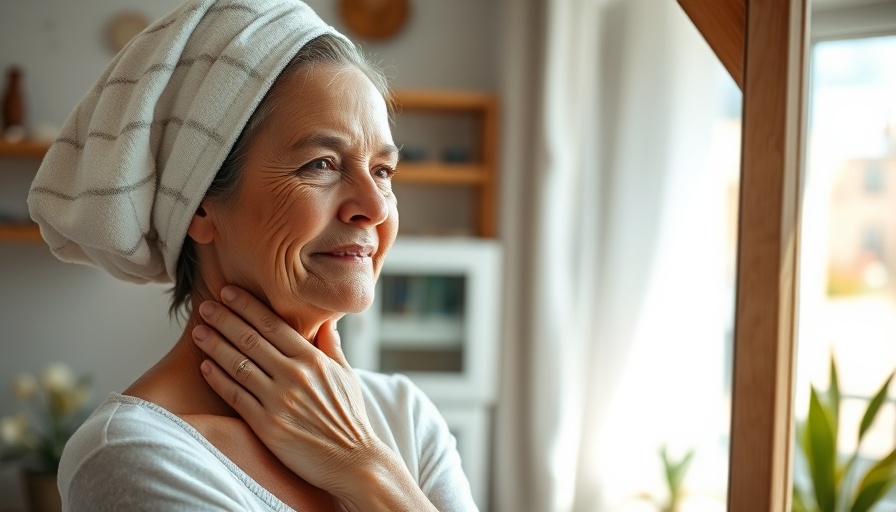 Middle-aged woman examining skin in mirror, crepey skin concerns