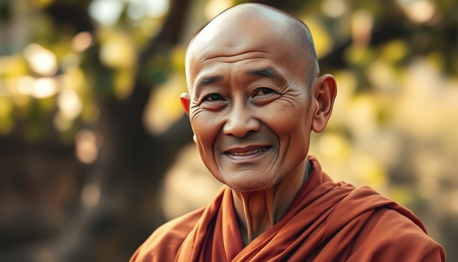 Elderly monk smiling, embodying Buddhist precepts and freedom in natural setting.