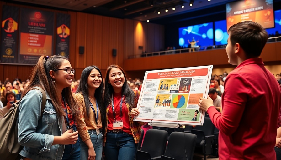 Smiling individuals presenting at Score A Friend event with colorful poster.
