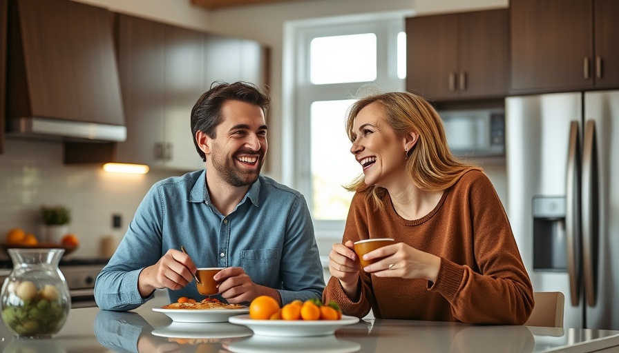 Happy couple in a kitchen, symbolizing wellth and personal sufficiency.